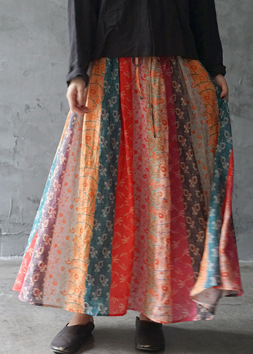Colorblock Elastic Waist Drawstring Pocket Linen Skirts Spring