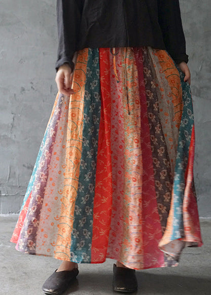 Colorblock Elastic Waist Drawstring Pocket Linen Skirts Spring