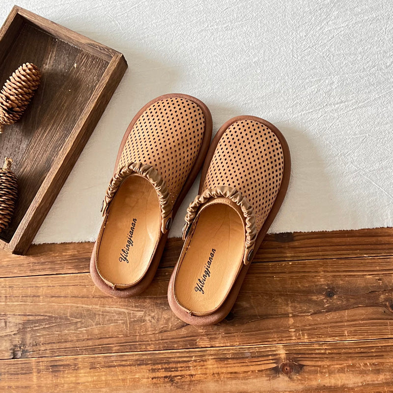 Retro Leather Hollow Soft Sandals / Slippers