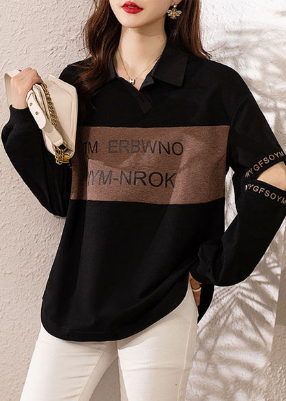 Black Peter Pan Collar Print Patchwork Cotton Sweatshirts Fall