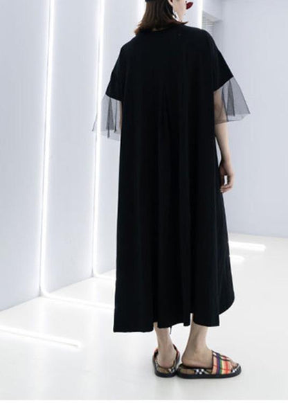 French Black Cotton Wardrobes Side Open Drawstring Cotton Robes Summer Dresses