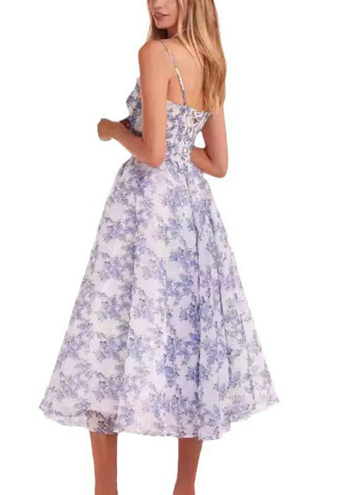 Boutique Blue Print Chiffon Spaghetti Strap Dress Summer