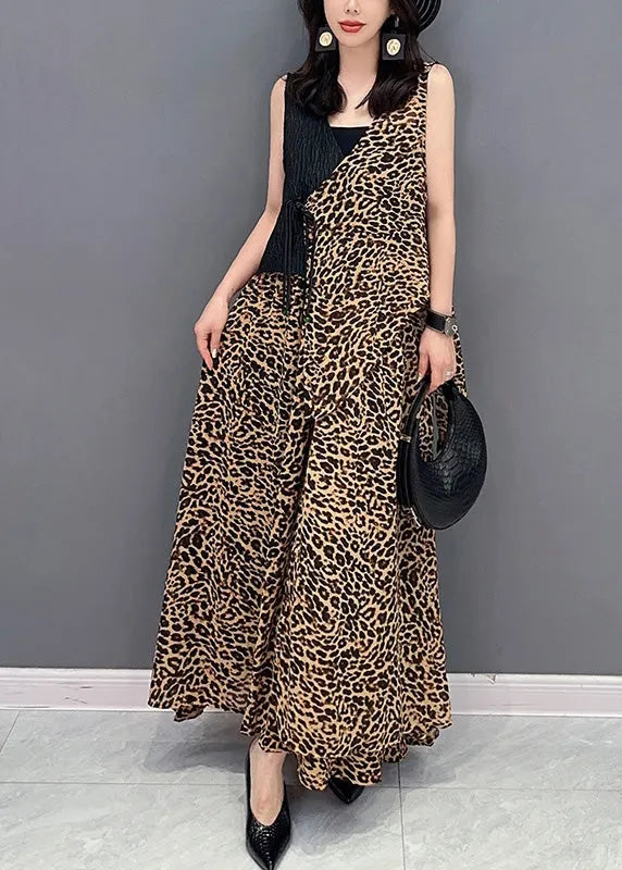 Leopard Tie Waist Top and Maxi Skirts Two Pieces Set Summer