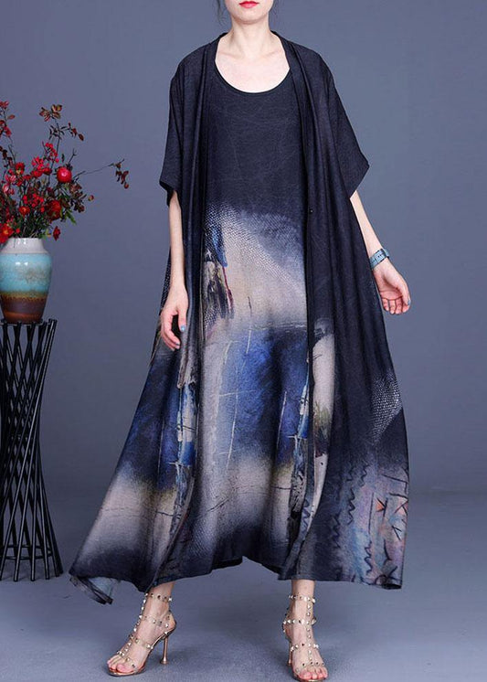 Black Print Silk Cardigans Braces Skirt Two Pieces Set