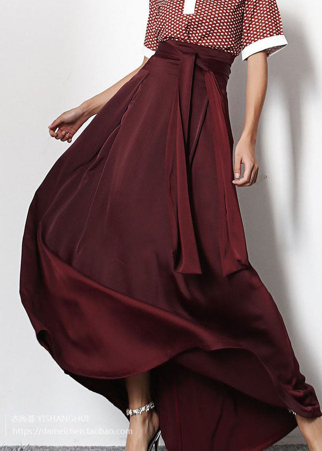 French Red Wrinkled Tie Waist Chiffon Skirt Spring