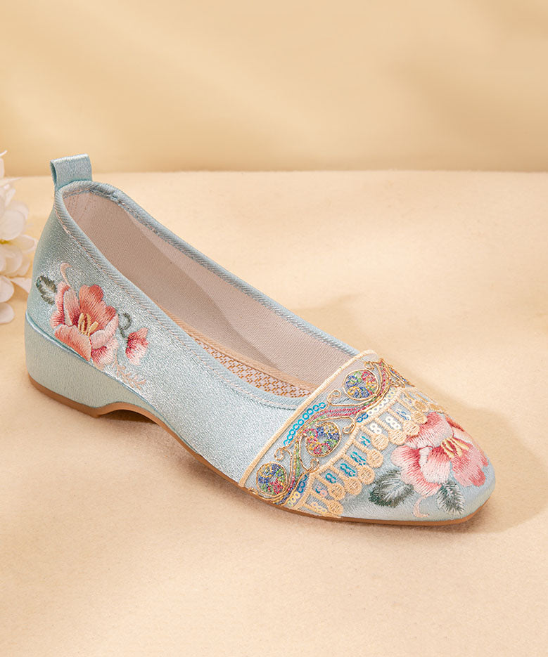 Light Blue Satin Embroideried Shoes Splicing Wedge Pointed Toe