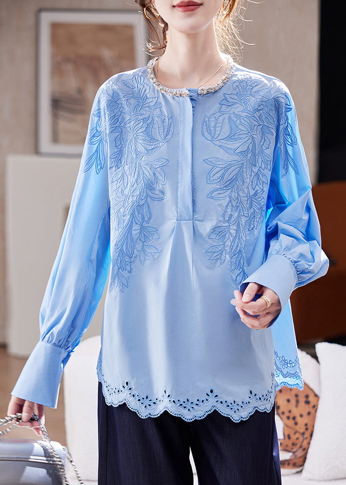 Blue Embroidered Nail Bead Top Batwing Slee