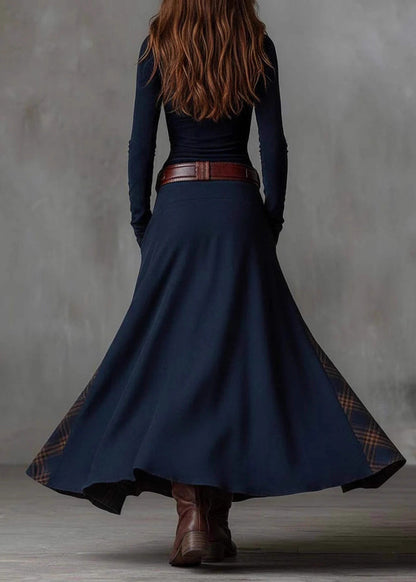 French Navy Button Pockets Plaid Patchwork Faux Suede Maxi Dresses Spring