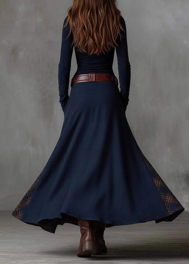 French Navy Button Pockets Plaid Patchwork Faux Suede Maxi Dresses Spring