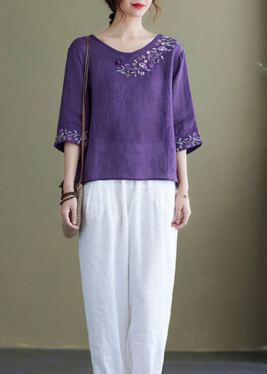 Diy Purple Embroidered Side Open Half Sleeve Top