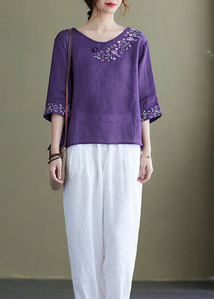Diy Purple Embroidered Side Open Half Sleeve Top
