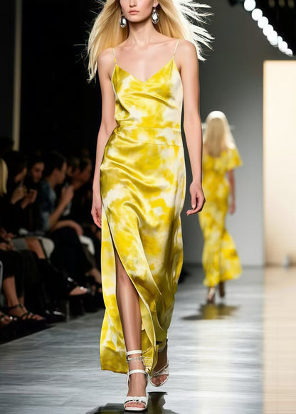 Yellow Tie Dye Side Open Silk Spaghetti Strap Dress Summer