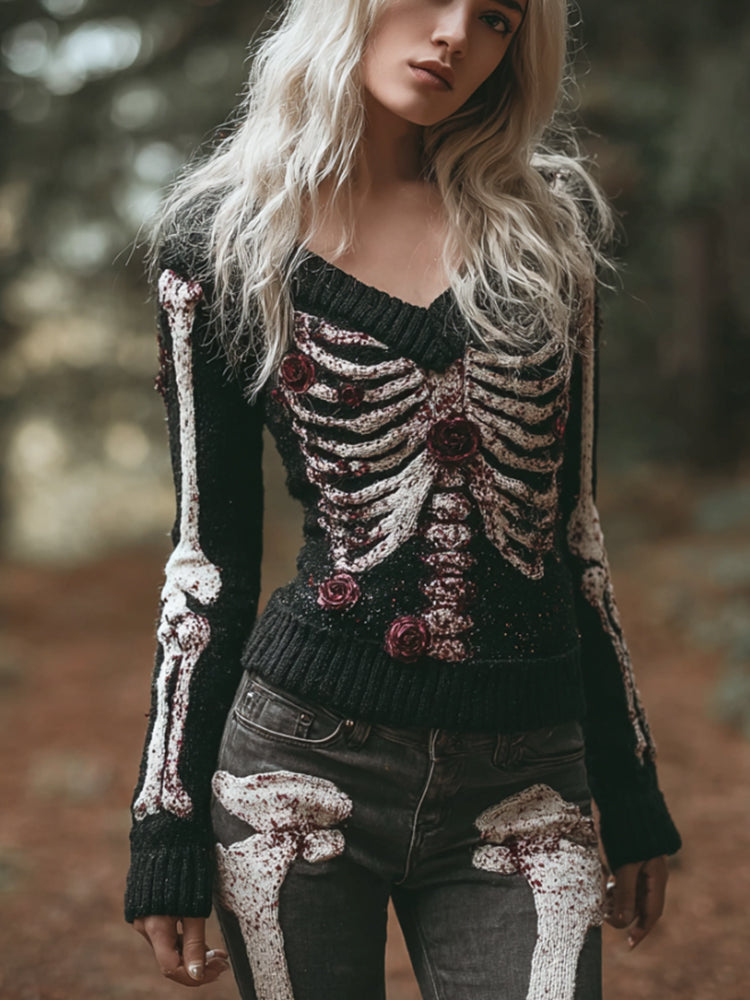 Comstylish Women's Halloween Skeleton Rose Bloodstained Sexy V-neck Sweater