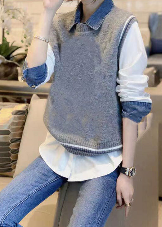Grey Denim Patchwork Shirt and Vest Autumn New Two-piece Set