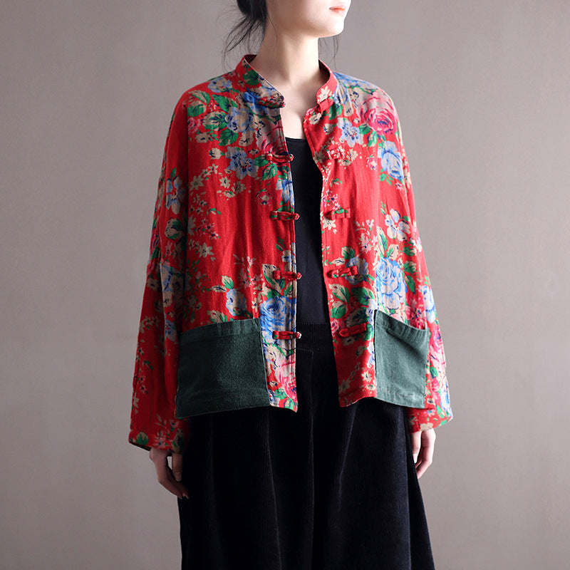 Blouse Stand Collar Large Flower Long-sleeved Jacket
