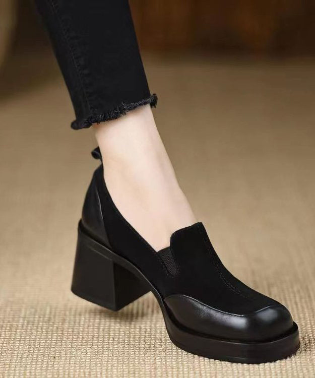 Faux Leather Chunky Splicing Black Loafer Shoes