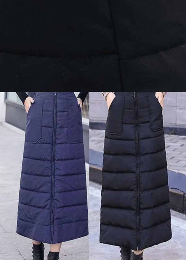 Black Zip Up Pockets Fine Cotton Filled Skirt Winter