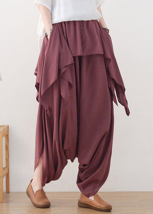 Red Asymmetrical Button Cotton Wide Leg Pants Skirt Fall