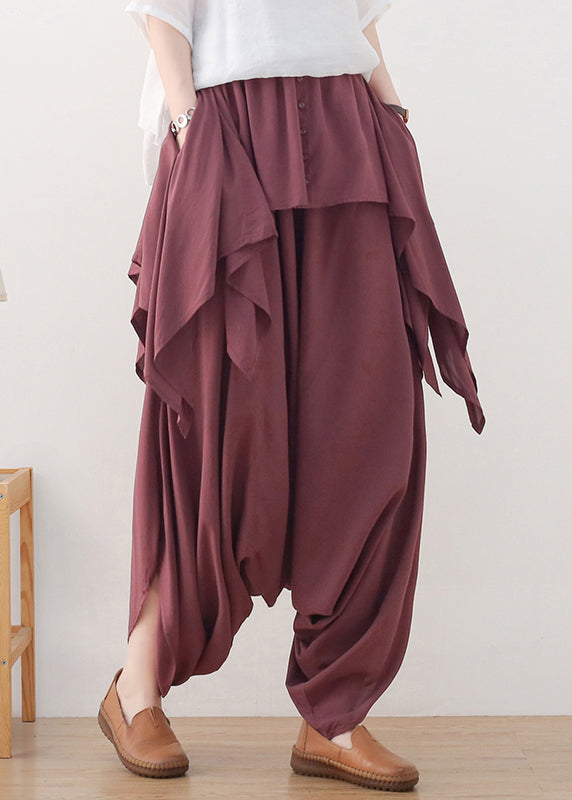 Red Asymmetrical Button Cotton Wide Leg Pants Skirt Fall