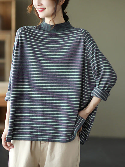- Stripes Turtleneck Knitted Long Sleeve Sweater