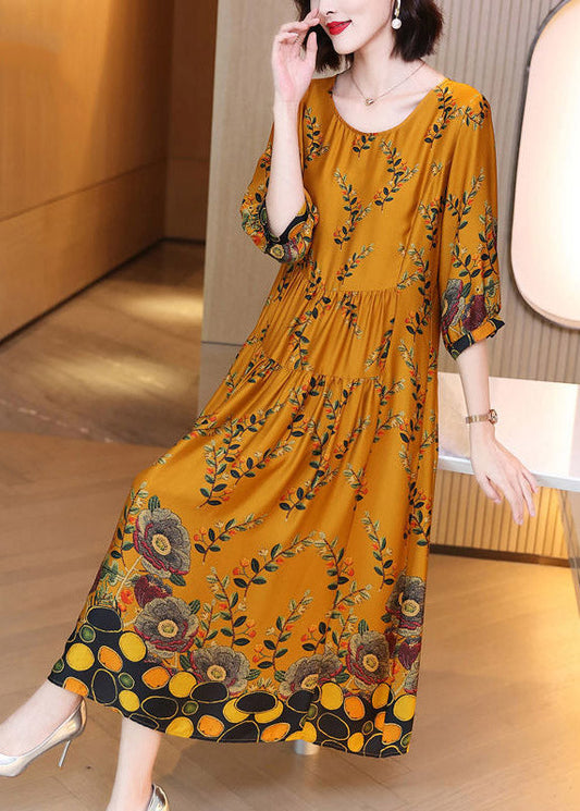 Unique O-neck Print Wrinkled Silk Dresses Long Sleeve