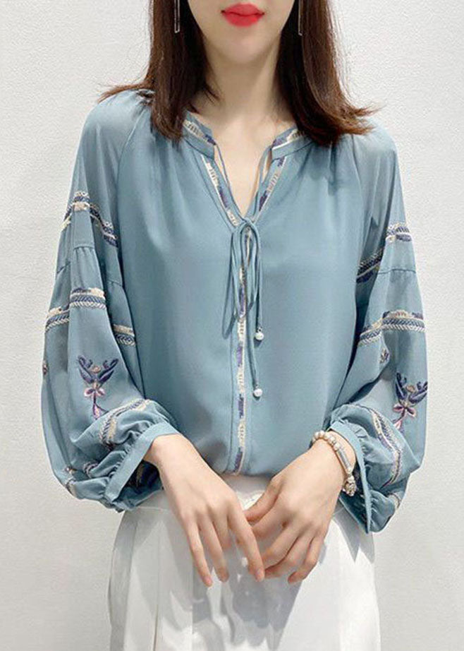 Blue Embroidered V Neck Chiffon Shirt Top Three Quarter Sleeve