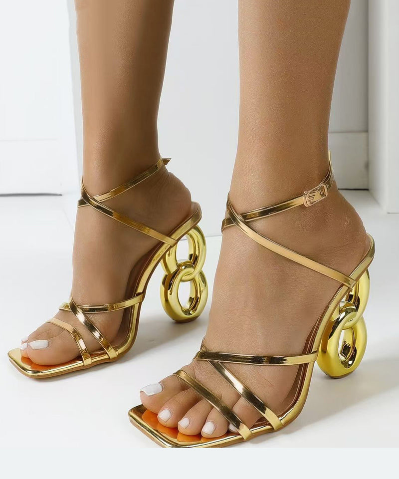 Stylish Gold Square Exposed Toe Cross Strap Irregular High Heeled Sandals