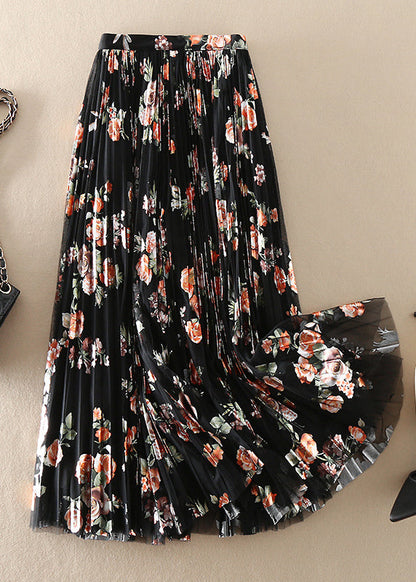 Diy Black Print Tulle Pleated Skirt Spring