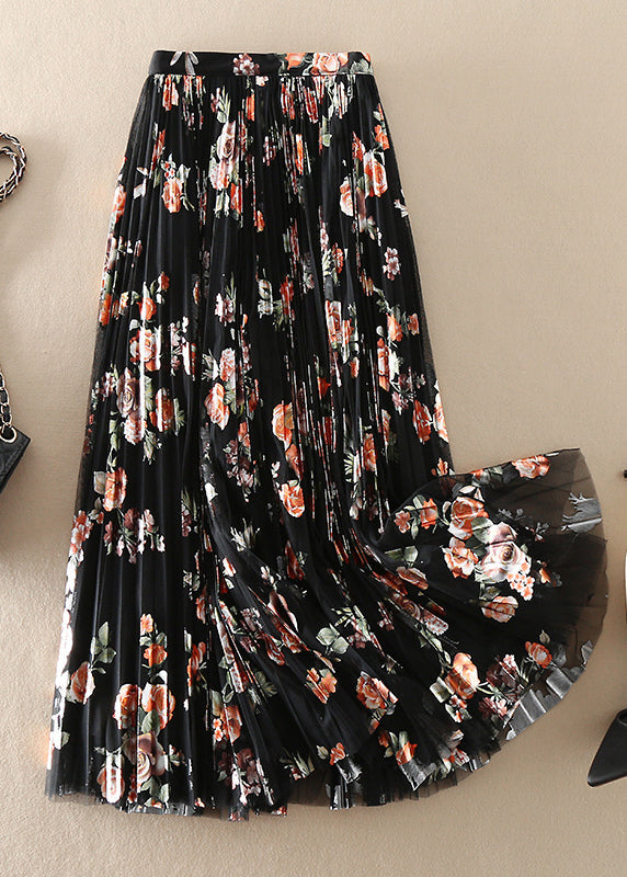 Diy Black Print Tulle Pleated Skirt Spring