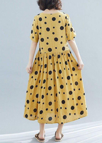 Diy Dotted Short Sleeve Linen Tunic Dress Shirts Yellow O Neck Dresses Summer