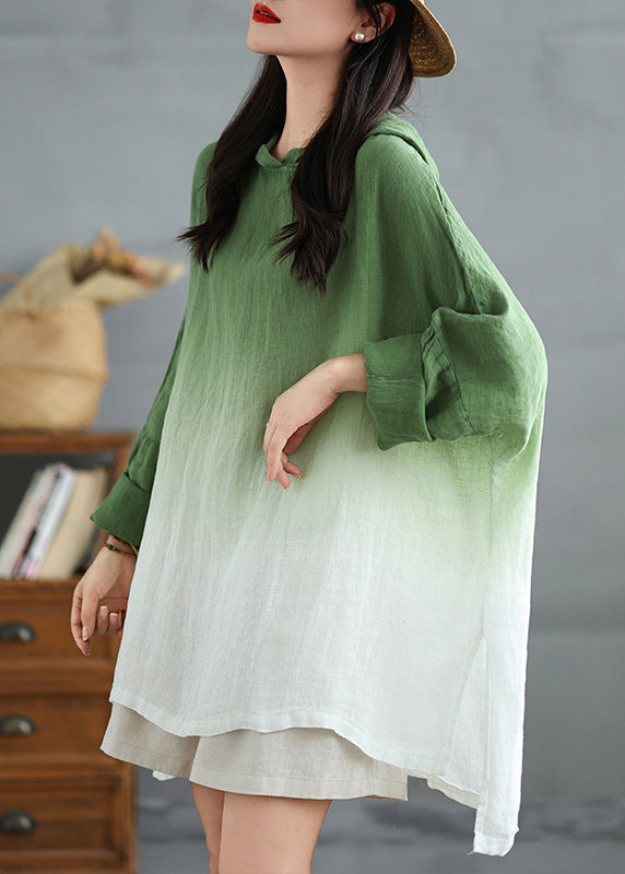 Gradient Green Hooded Linen Loose Sweatshirts Spring