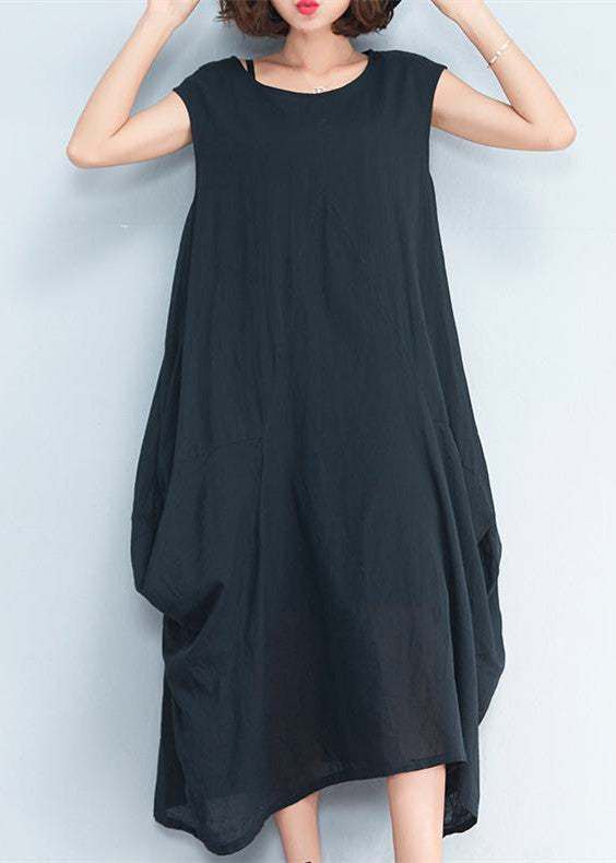 Black Natural Cotton Polyester Dress Oversize Sleeveless Traveling Dress Kaftans