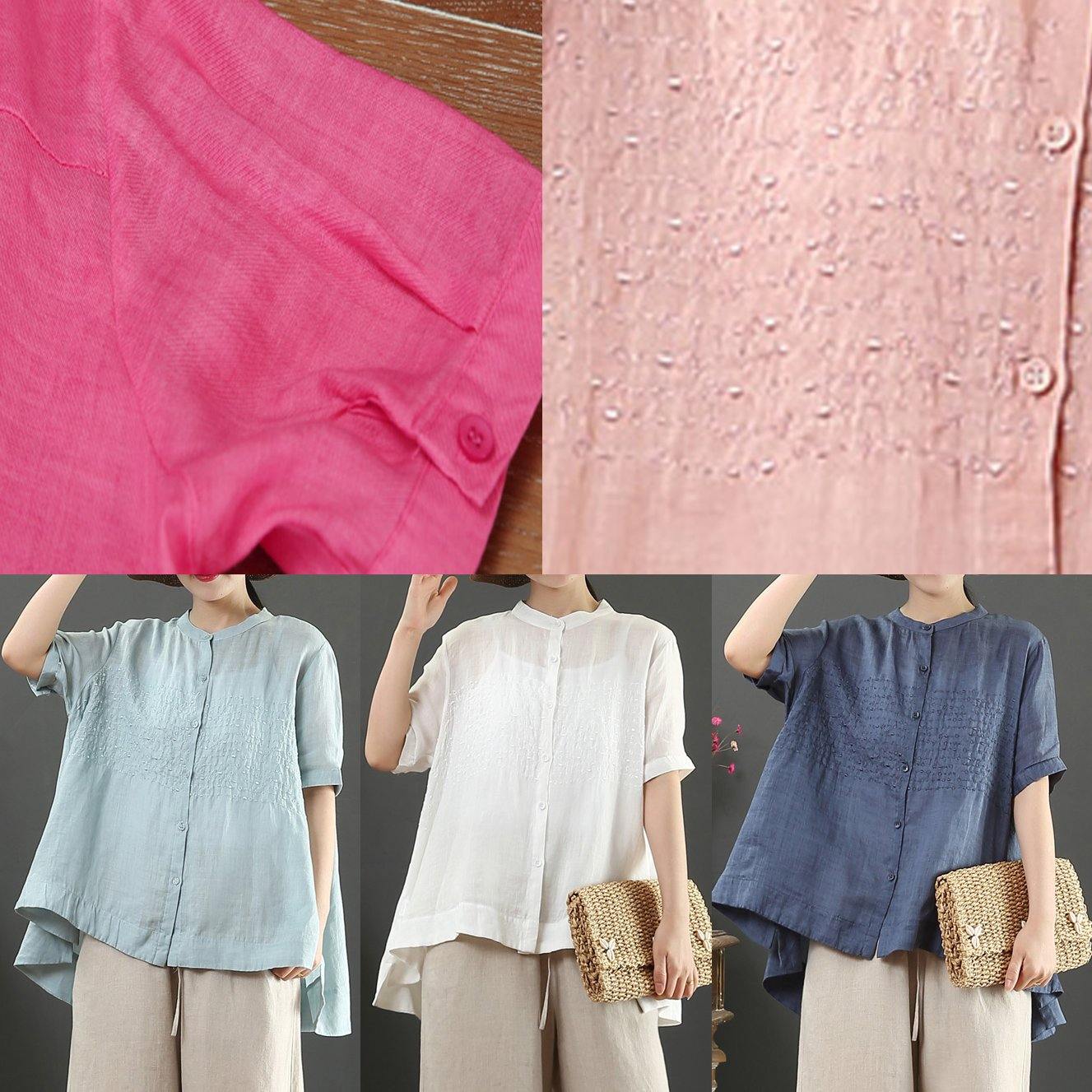 Art White Embroidery Linen Top for Stand Collar Midi Summer Top