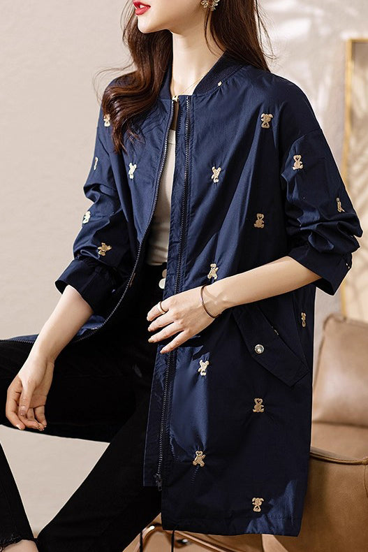 Navy Bear Embroidered Spandex Trench Coats Fall