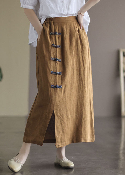 Brown Elastic Waist Side Open Linen Skirt Summer