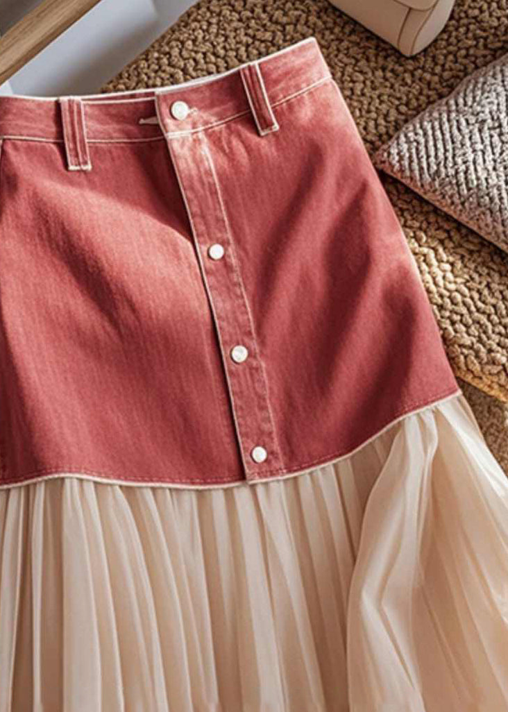 Art Colorblock Patchwork Button High Waist Maxi Skirt Spring