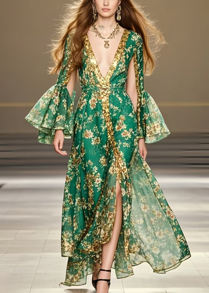 Green Deep-v Neck Print Chiffon Party Dresses Flare Sleeve