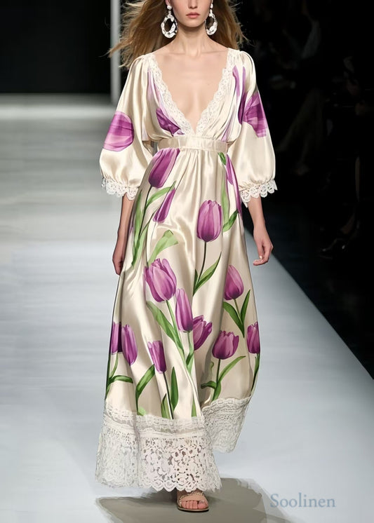 Classy Lavender Patchwork Lace Silk Maxi Dress Summer
