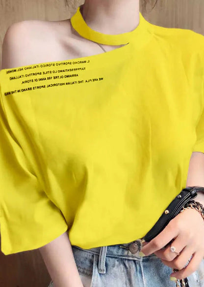 Yellow O Neck Print Cotton T Shirt Long Sleeve