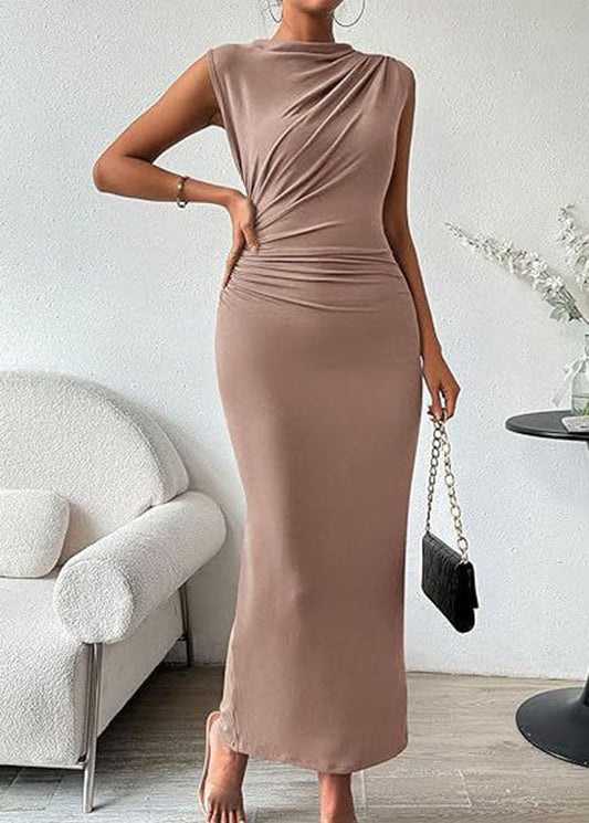 Khaki O Neck Wrinkled Cotton Long Dresses Sleeveless