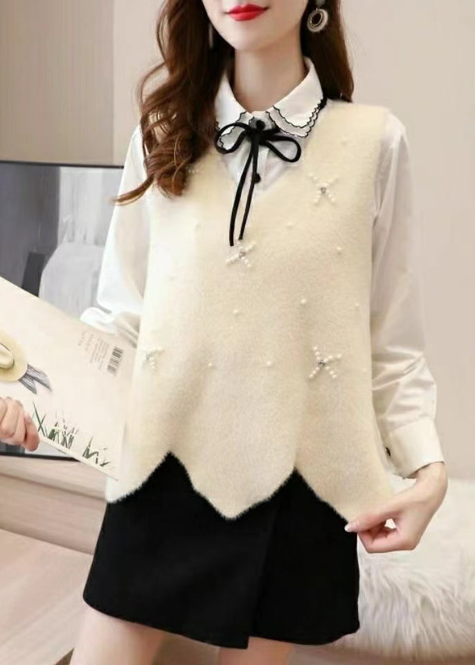 Apricot V Neck Nail Bead Patchwork Mink Hair Knitted Vest Sleeveless