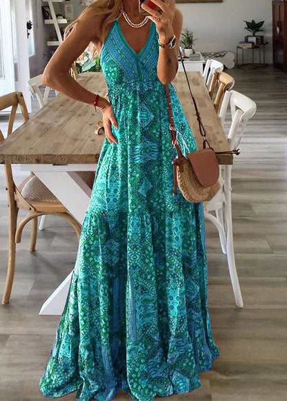 Handmade Red V Neck Print Cotton Spaghetti Strap Dress Summer