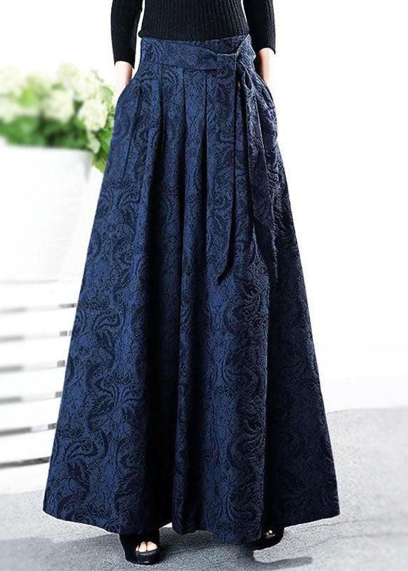 Blue Tie Waist Jacquard Linen Pants Winter