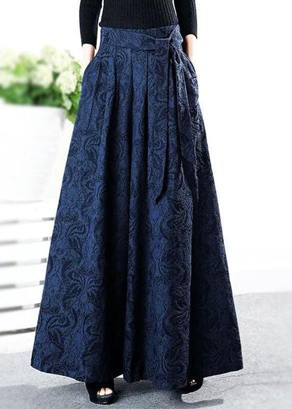 Blue Tie Waist Jacquard Linen Pants Winter