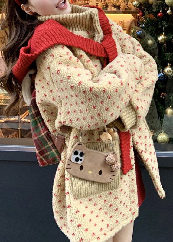 Yellow Turtleneck Pockets Zippered Faux Fur Coats Lantern Sleeve