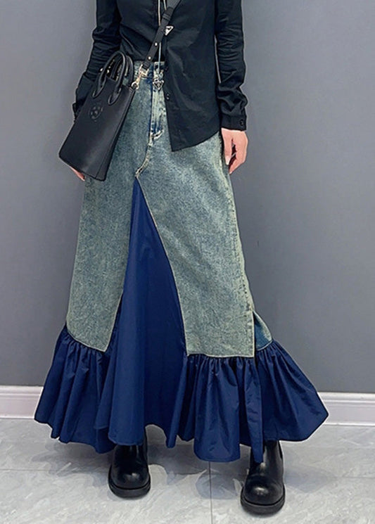 Blue High Waist Pockets Patchwork Denim Skirts