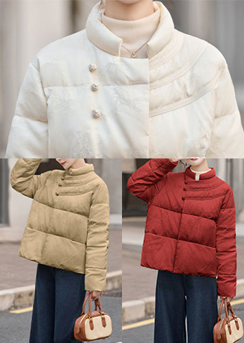 Red Stand Collar Jacquard Duck Down Puffers Jackets Winter