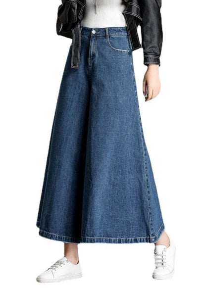 Blue High Waist Pockets Wide Leg Fall Denim Pants