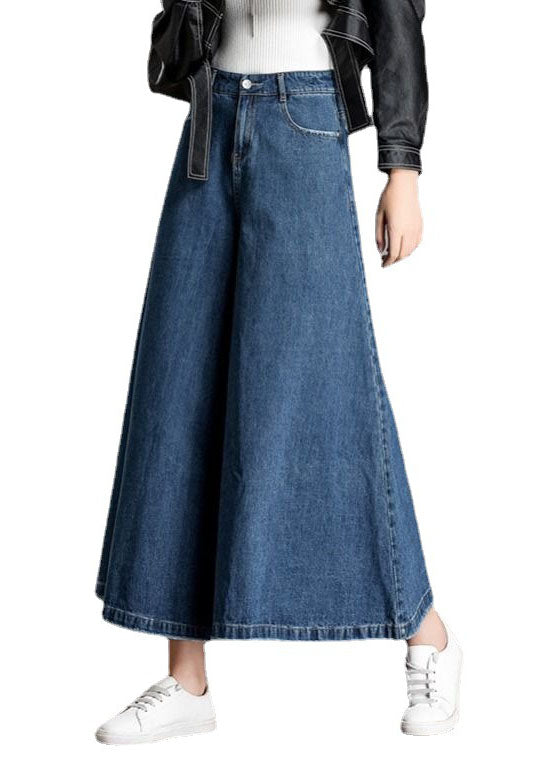 Blue High Waist Pockets Wide Leg Fall Denim Pants