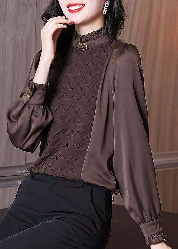 Coffee Patchwork Chiffon Blouses Ruffled Warm Long Sleeve